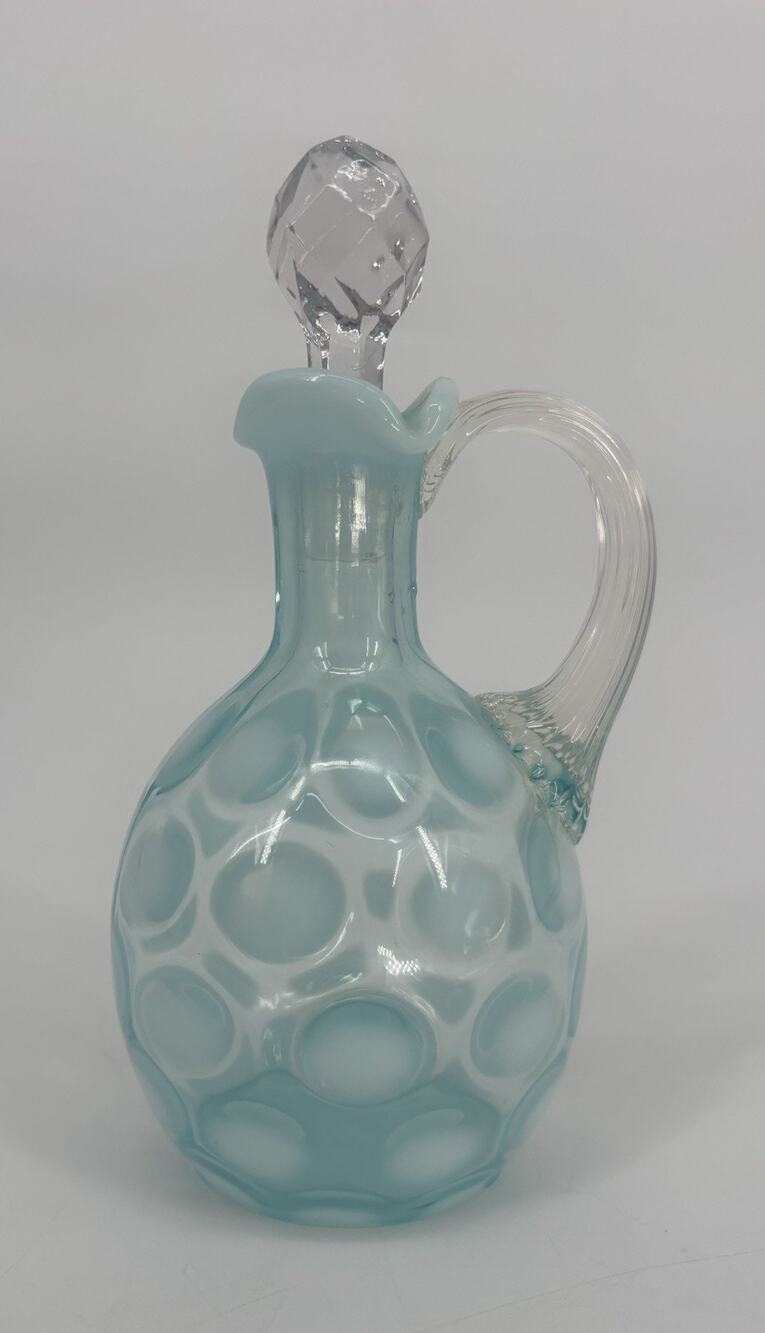 Vintage Fenton Blue Cruet Opalescent Coin Dot Cruet Ruffled Edge W/Stopper 7”
